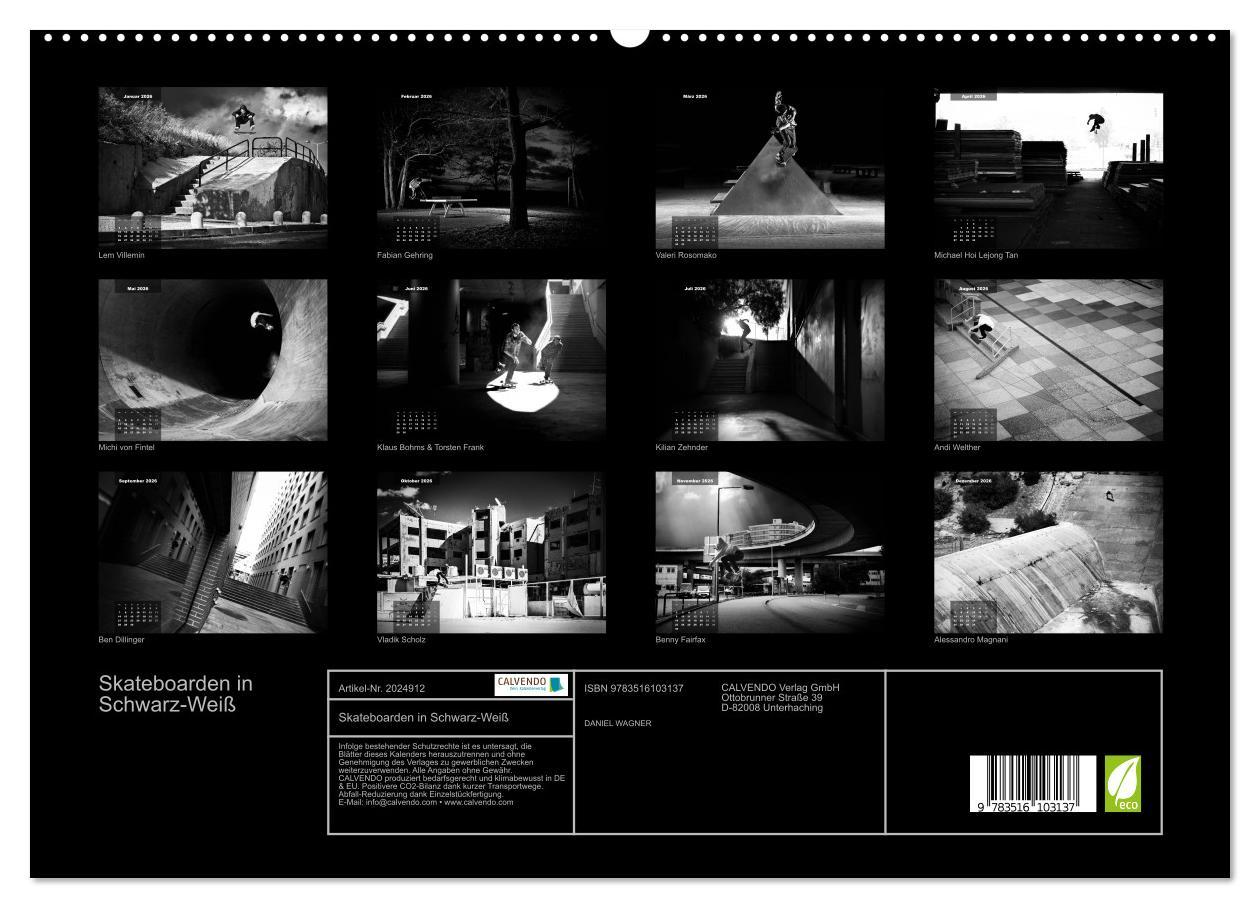 Beispielinhalt (Bild) Skateboarden in Schwarz-Weiß (hochwertiger Premium Wandkalender 2026 DIN A2 quer), Kunstdruck in Hochglanz