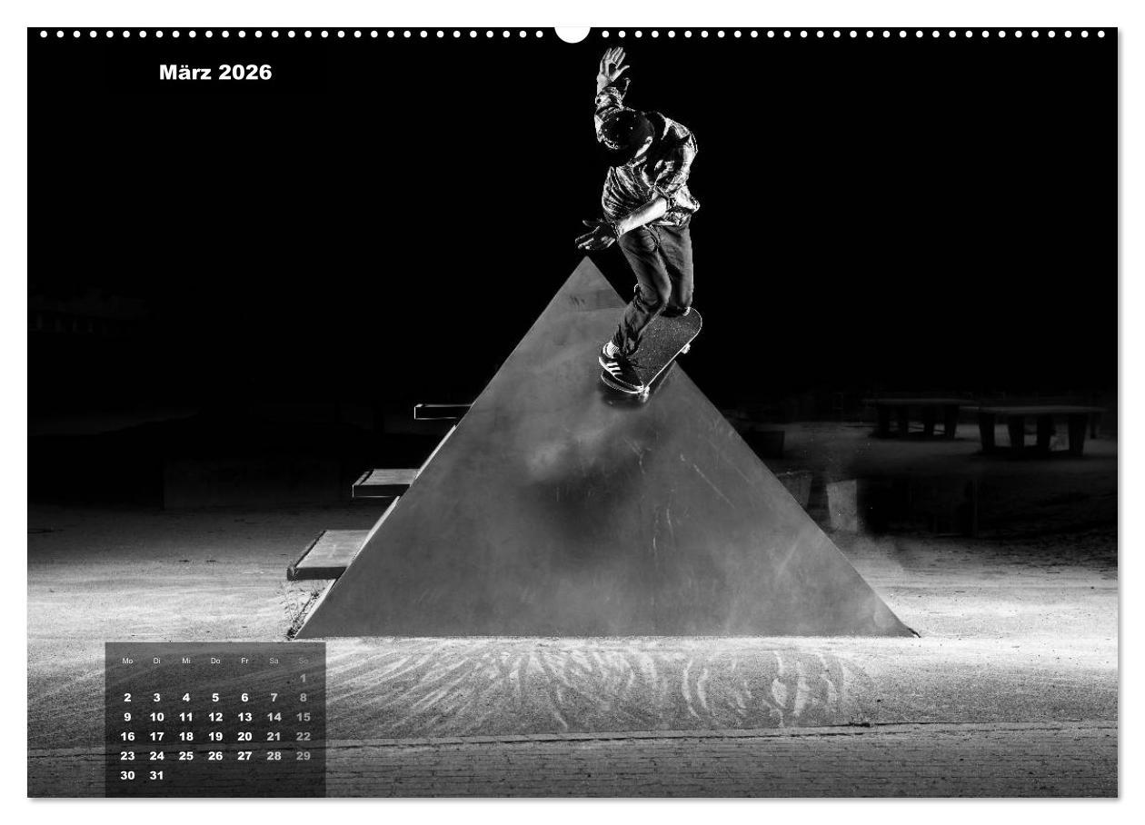 Beispielinhalt (Bild) Skateboarden in Schwarz-Weiß (hochwertiger Premium Wandkalender 2026 DIN A2 quer), Kunstdruck in Hochglanz