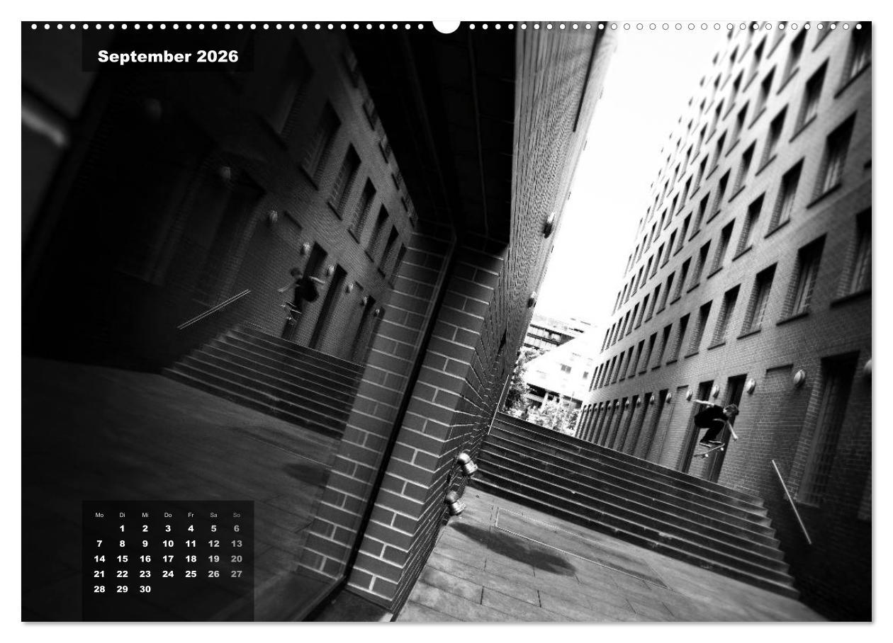 Beispielinhalt (Bild) Skateboarden in Schwarz-Weiß (hochwertiger Premium Wandkalender 2026 DIN A2 quer), Kunstdruck in Hochglanz