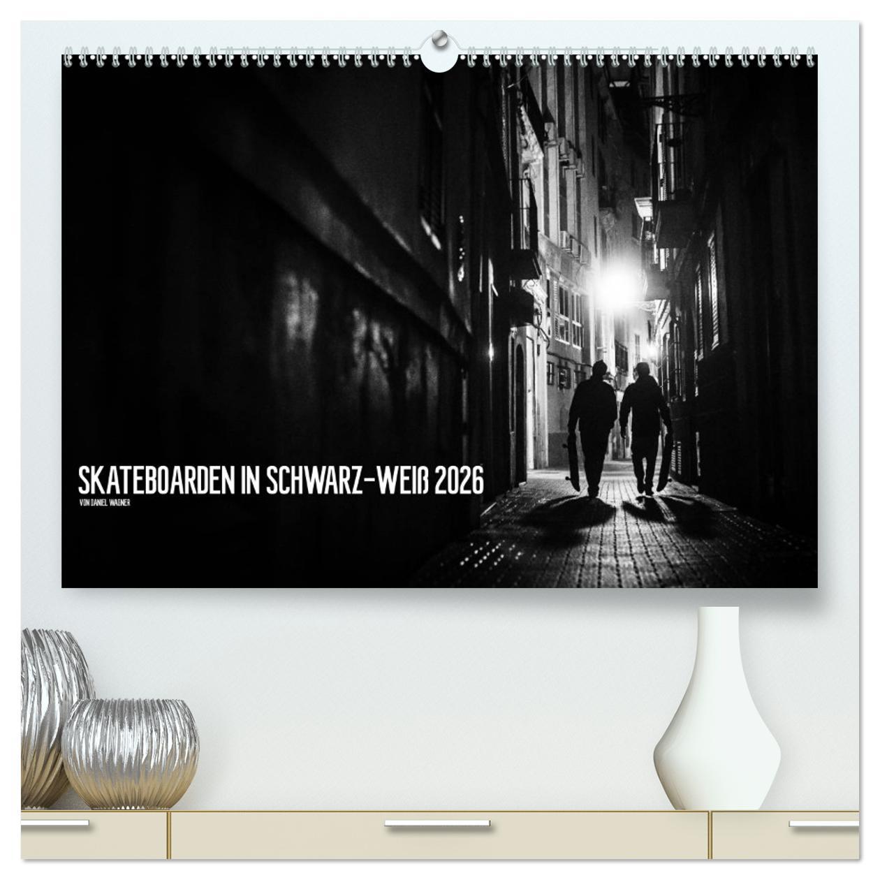 Vorderes Coverbild Skateboarden in Schwarz-Weiß (hochwertiger Premium Wandkalender 2026 DIN A2 quer), Kunstdruck in Hochglanz