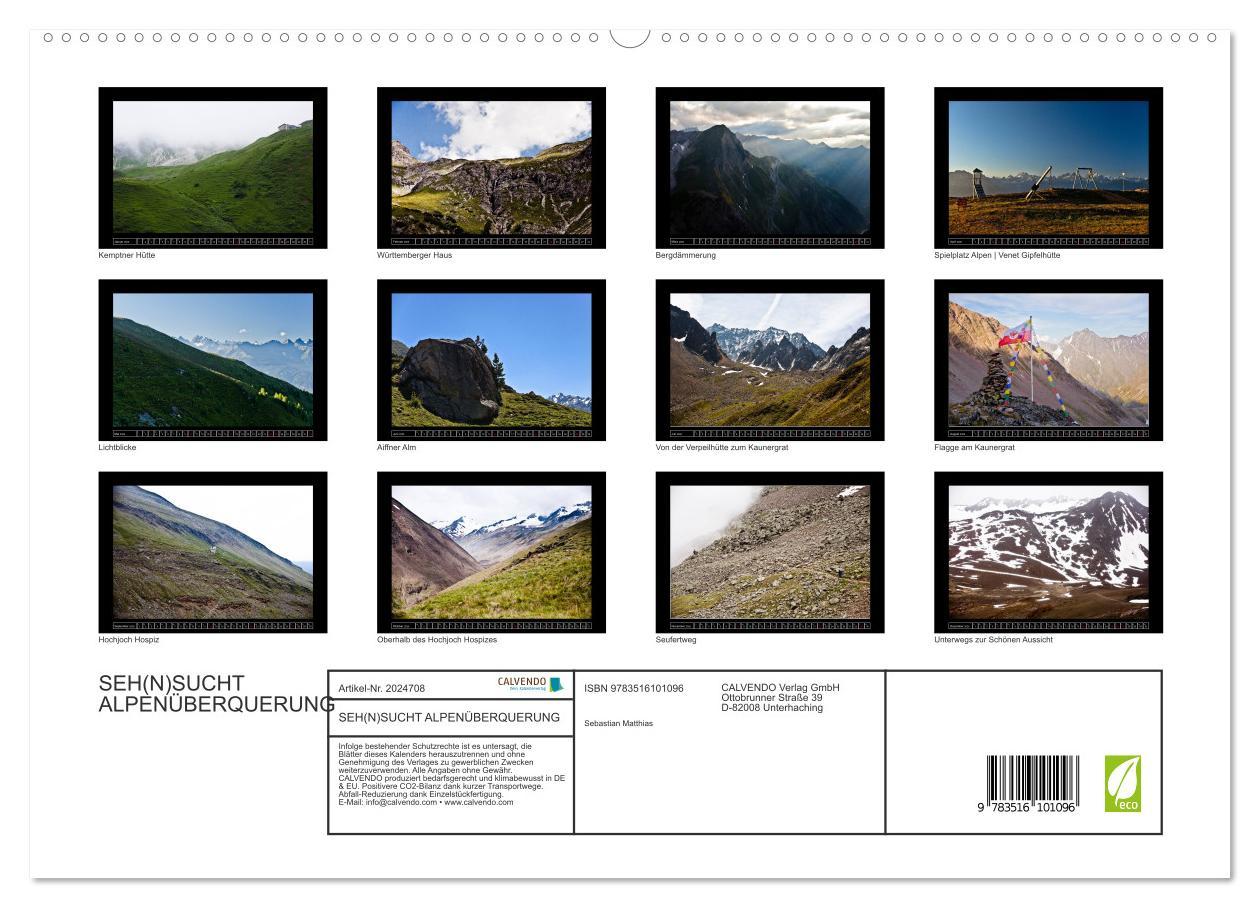 Beispielinhalt (Bild) SEH(N)SUCHT ALPENÜBERQUERUNG (hochwertiger Premium Wandkalender 2026 DIN A2 quer), Kunstdruck in Hochglanz