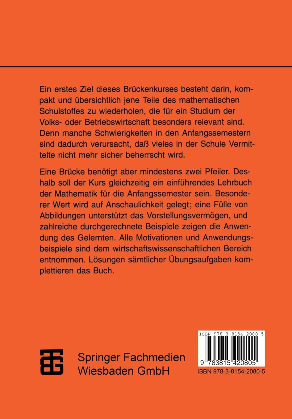 Rückseitencover Brückenkurs Mathematik für Wirtschaftswissenschaftler