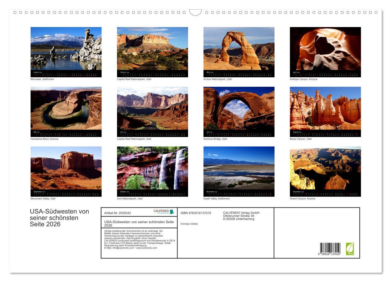 Beispielinhalt (Bild) USA-Südwesten von seiner schönsten Seite 2026 (Wandkalender 2026 DIN A2 quer), CALVENDO Monatskalender
