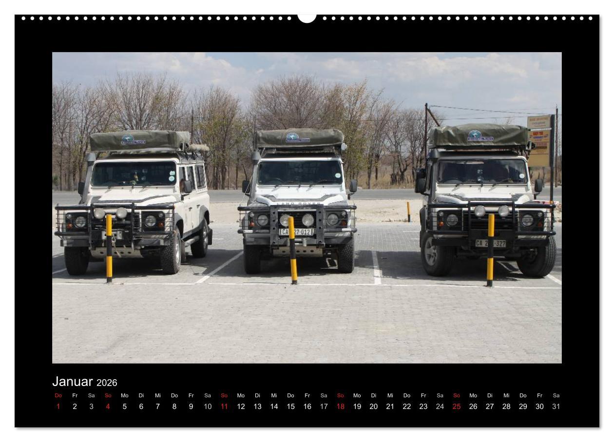 Beispielinhalt (Bild) Land Rover Defender - Unterwegs in Afrika (hochwertiger Premium Wandkalender 2026 DIN A2 quer), Kunstdruck in Hochglanz