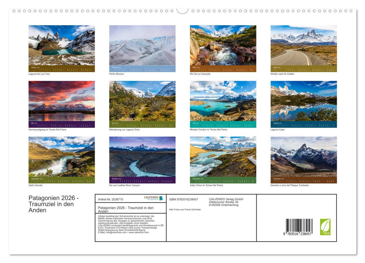 Beispielinhalt (Bild) Patagonien 2026 - Traumziel in den Anden (hochwertiger Premium Wandkalender 2026 DIN A2 quer), Kunstdruck in Hochglanz