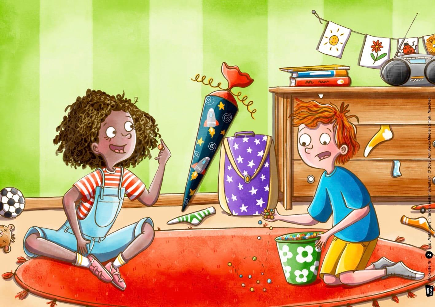 Beispielinhalt (Bild) Mutmurmeln für den ersten Schultag. Kamishibai Bildkartenset