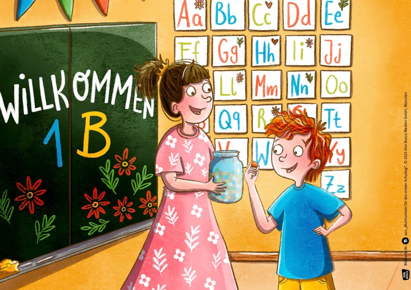 Beispielinhalt (Bild) Mutmurmeln für den ersten Schultag. Kamishibai Bildkartenset