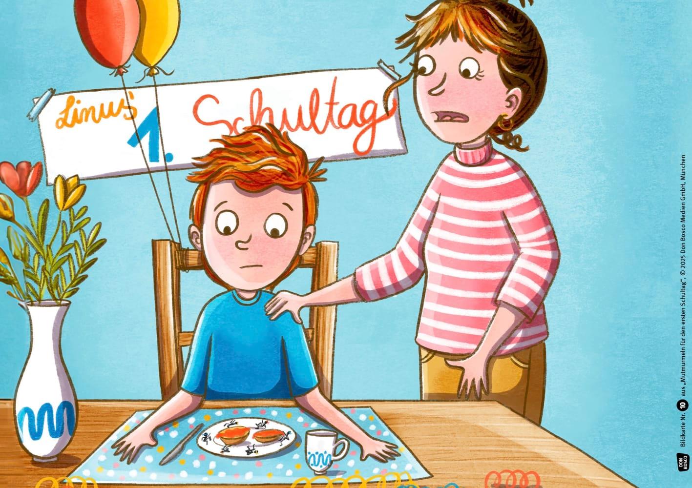 Beispielinhalt (Bild) Mutmurmeln für den ersten Schultag. Kamishibai Bildkartenset