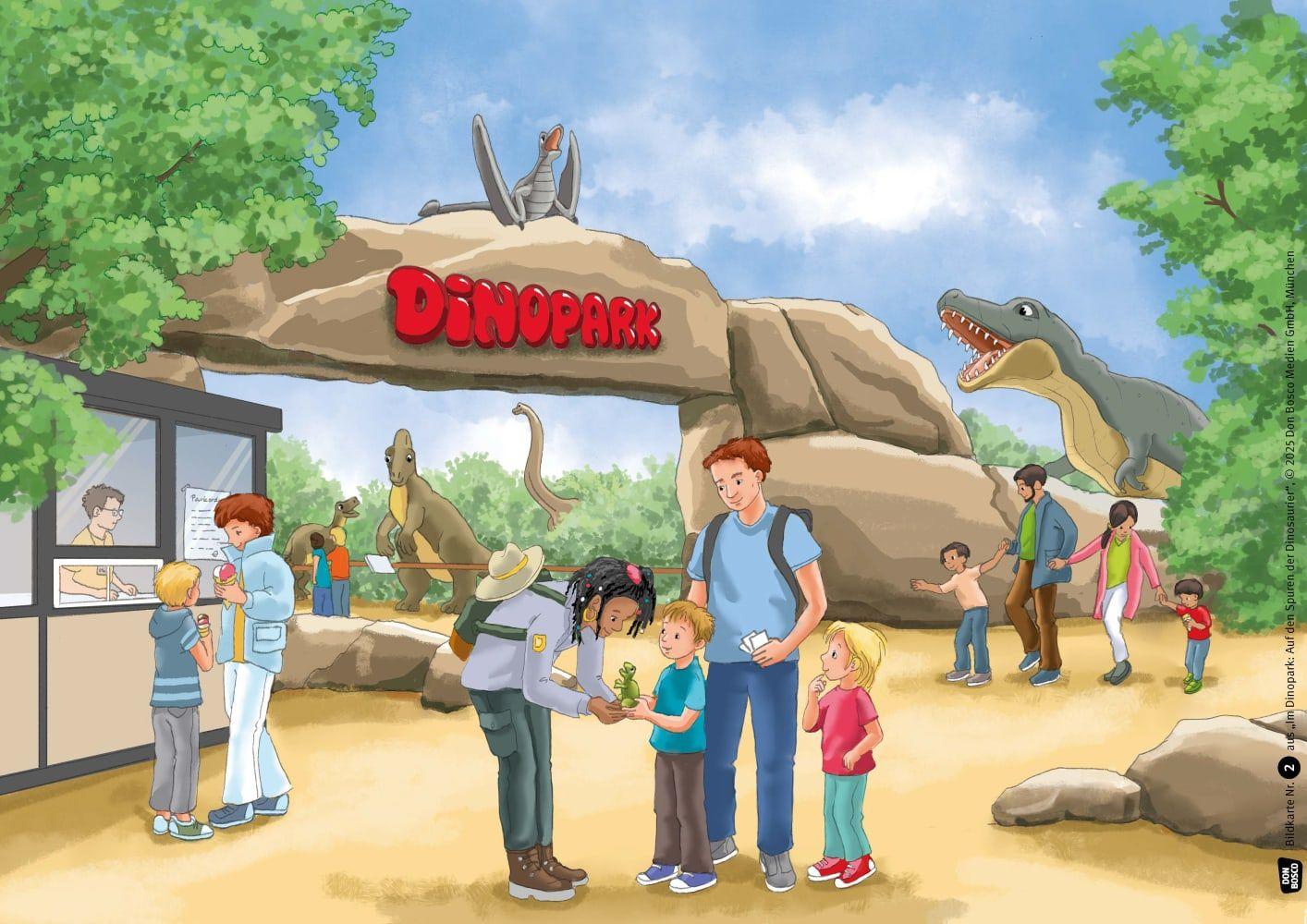 Beispielinhalt (Bild) Im Dinopark: Auf den Spuren der Dinosaurier. Kamishibai Bildkartenset