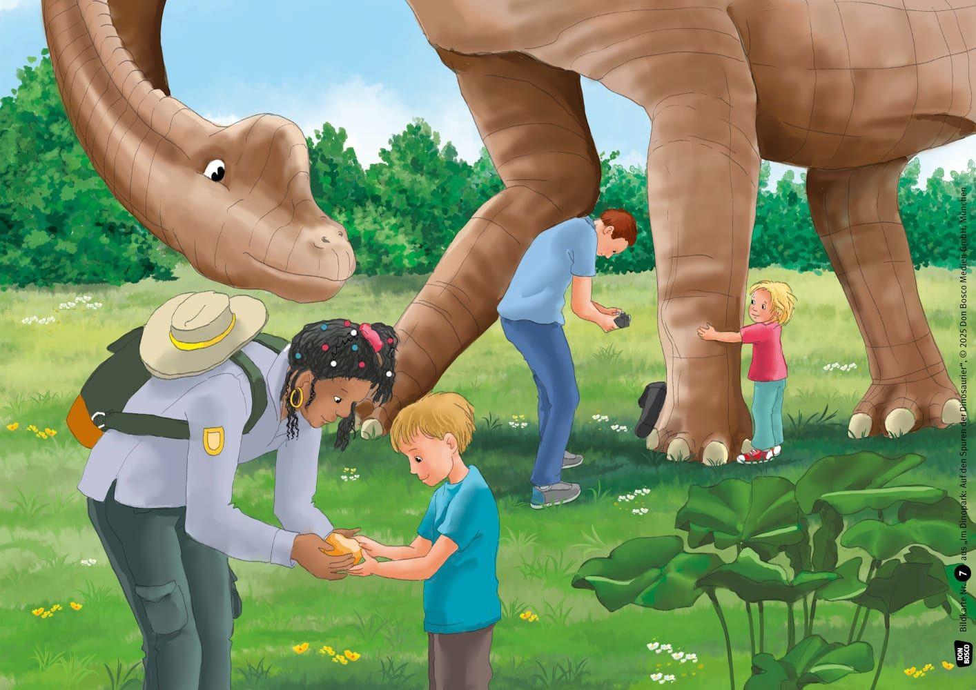 Beispielinhalt (Bild) Im Dinopark: Auf den Spuren der Dinosaurier. Kamishibai Bildkartenset
