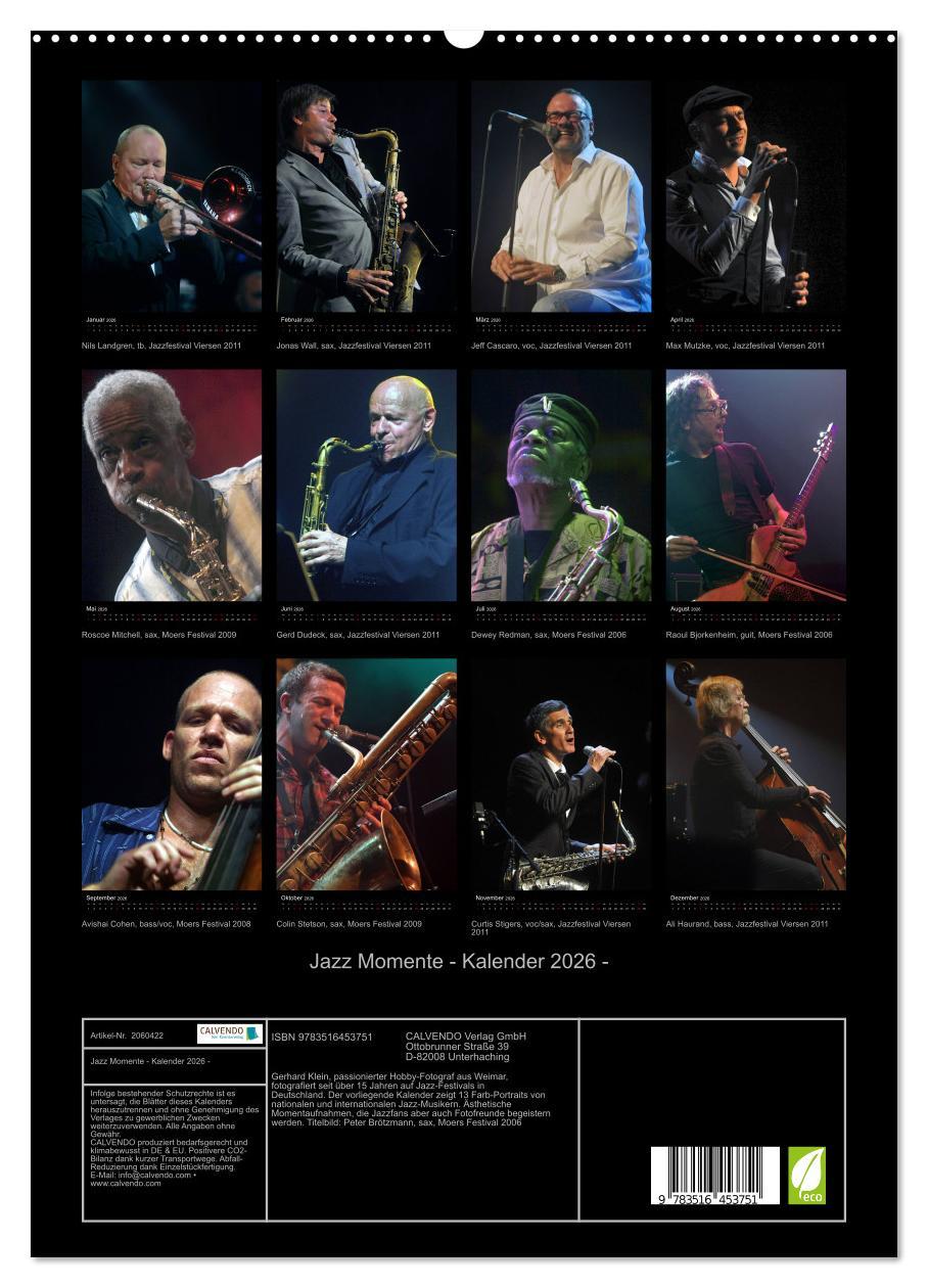 Beispielinhalt (Bild) Jazz Momente - Kalender 2026 - (hochwertiger Premium Wandkalender 2026 DIN A2 hoch), Kunstdruck in Hochglanz