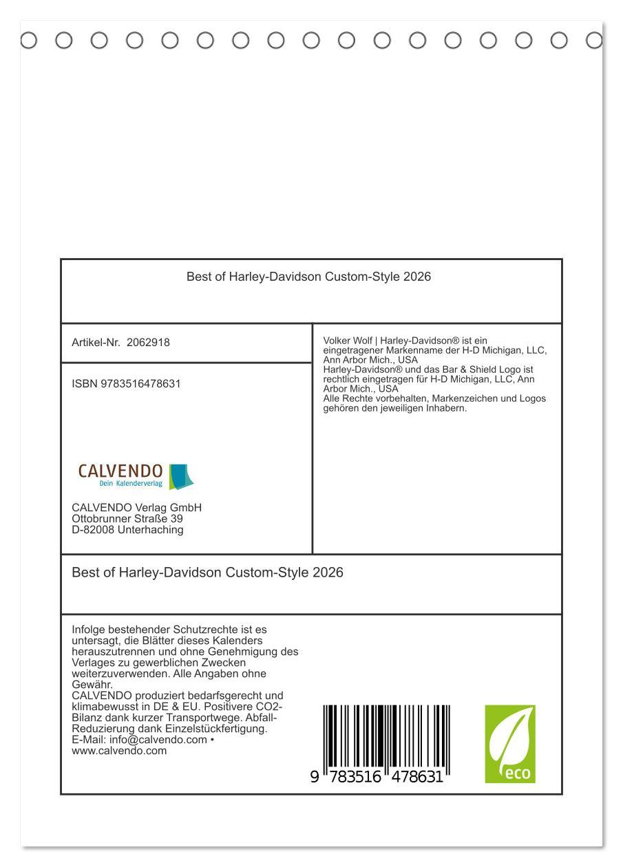 Beispielinhalt (Bild) Best of Harley-Davidson Custom-Style 2026 (Tischkalender 2026 DIN A5 hoch), CALVENDO Monatskalender