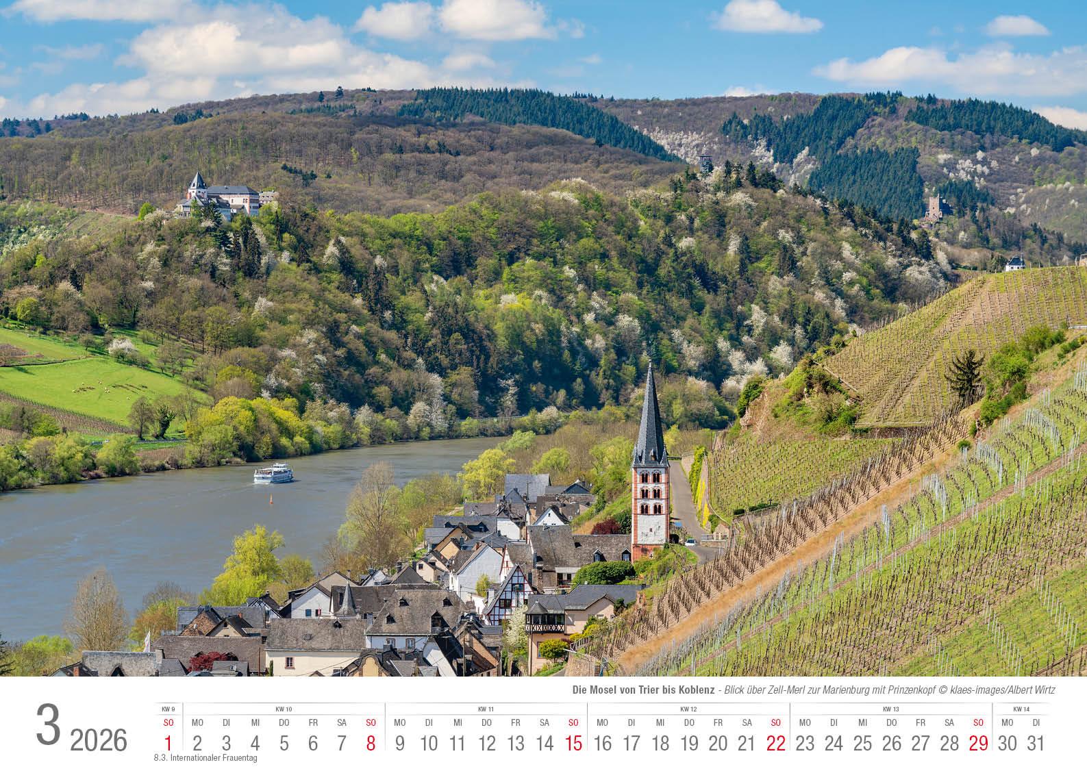 Beispielinhalt (Bild) Die Mosel von Trier bis Koblenz 2026 Bildkalender A3 Spiralbindung