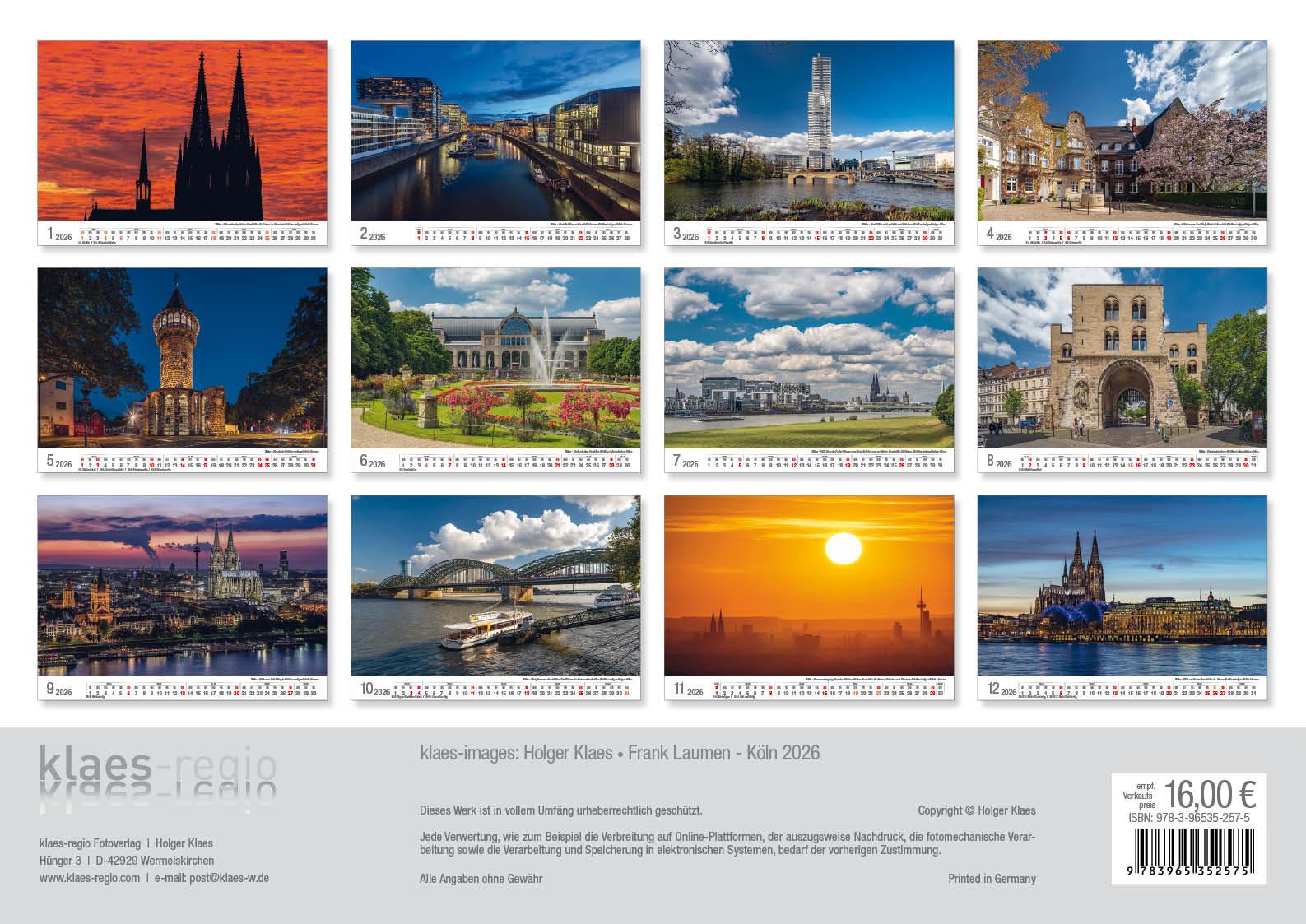 Beispielinhalt (Bild) Köln 2026 Bildkalender A3 quer, spiralgebunden