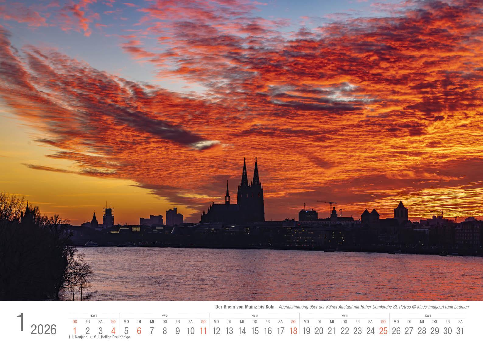 Beispielinhalt (Bild) Der Rhein von Mainz bis Köln 2026 Bildkalender A3 Spiralbindung