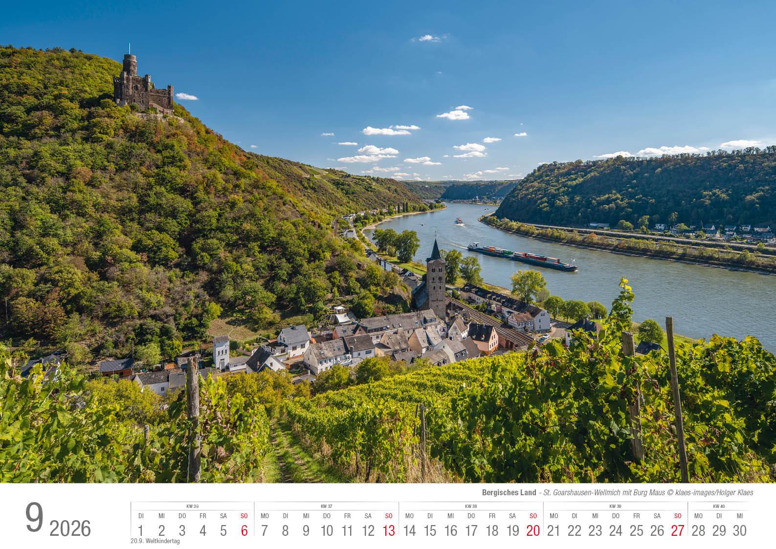 Beispielinhalt (Bild) Der Rhein von Mainz bis Köln 2026 Bildkalender A3 Spiralbindung