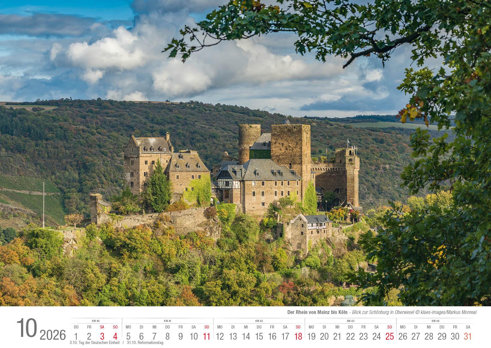 Beispielinhalt (Bild) Der Rhein von Mainz bis Köln 2026 Bildkalender A3 Spiralbindung