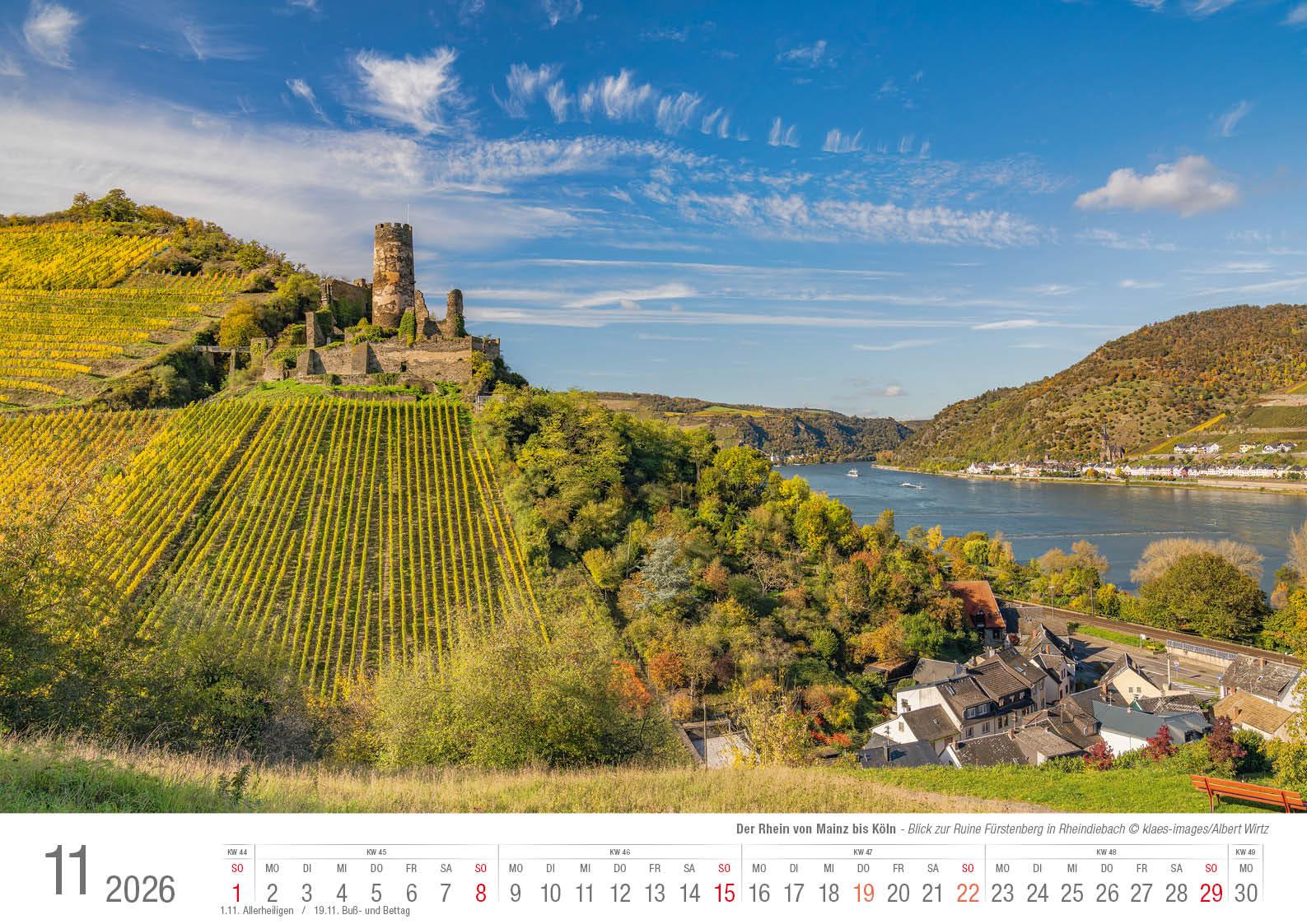 Beispielinhalt (Bild) Der Rhein von Mainz bis Köln 2026 Bildkalender A3 Spiralbindung