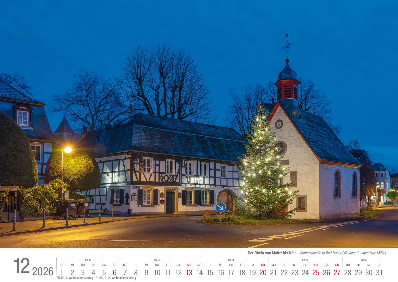 Beispielinhalt (Bild) Der Rhein von Mainz bis Köln 2026 Bildkalender A3 Spiralbindung