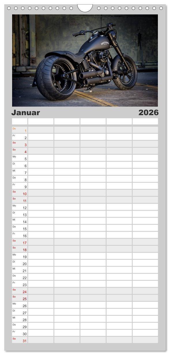 Beispielinhalt (Bild) Familienplaner 2026 - Exklusive Best of Fat Ass Custombike Edition, feinste Harleys mit fettem Hintern mit 5 Spalten (Wandkalender, 21 x 45 cm) CALVENDO