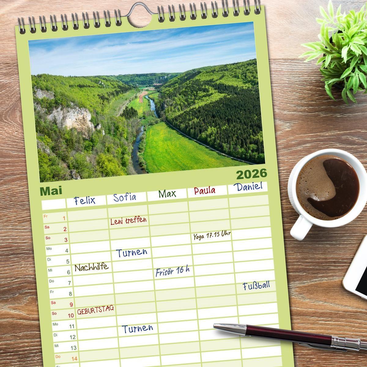 Beispielinhalt (Bild) Familienplaner 2026 - Das Donautal - Wanderparadies auf der Schwäbischen Alb mit 5 Spalten (Wandkalender, 21 x 45 cm) CALVENDO