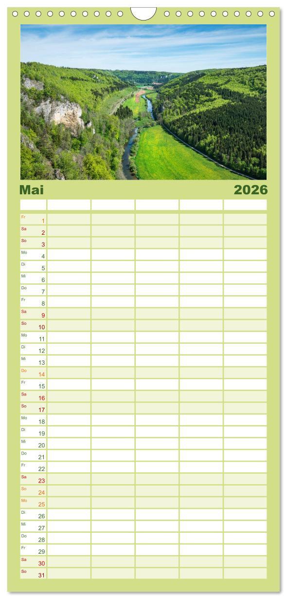 Beispielinhalt (Bild) Familienplaner 2026 - Das Donautal - Wanderparadies auf der Schwäbischen Alb mit 5 Spalten (Wandkalender, 21 x 45 cm) CALVENDO