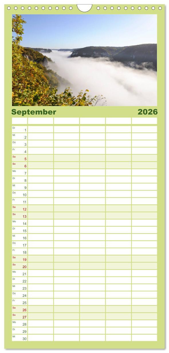 Beispielinhalt (Bild) Familienplaner 2026 - Das Donautal - Wanderparadies auf der Schwäbischen Alb mit 5 Spalten (Wandkalender, 21 x 45 cm) CALVENDO