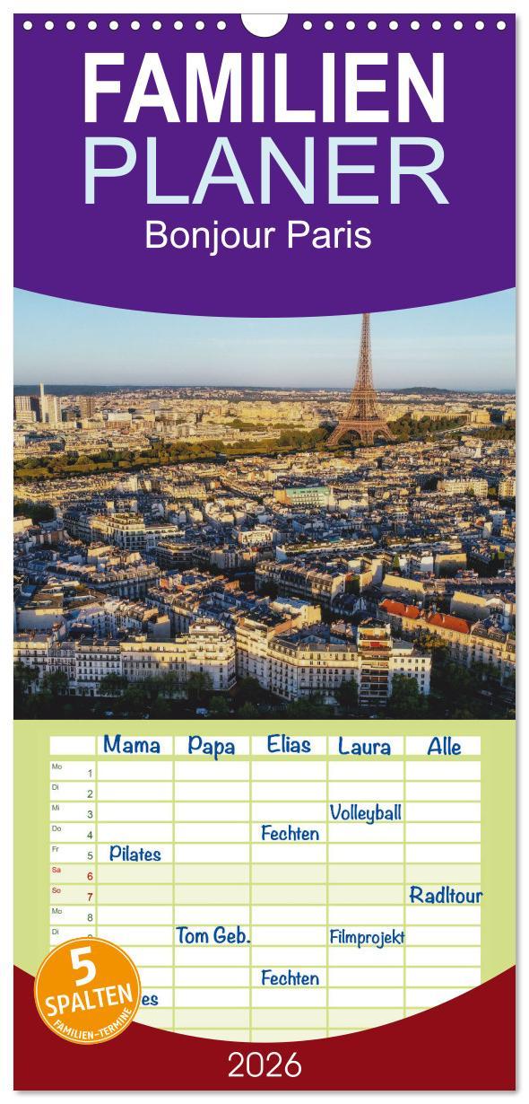 Vorderes Coverbild Familienplaner 2026 - Bonjour Paris mit 5 Spalten (Wandkalender, 21 x 45 cm) CALVENDO