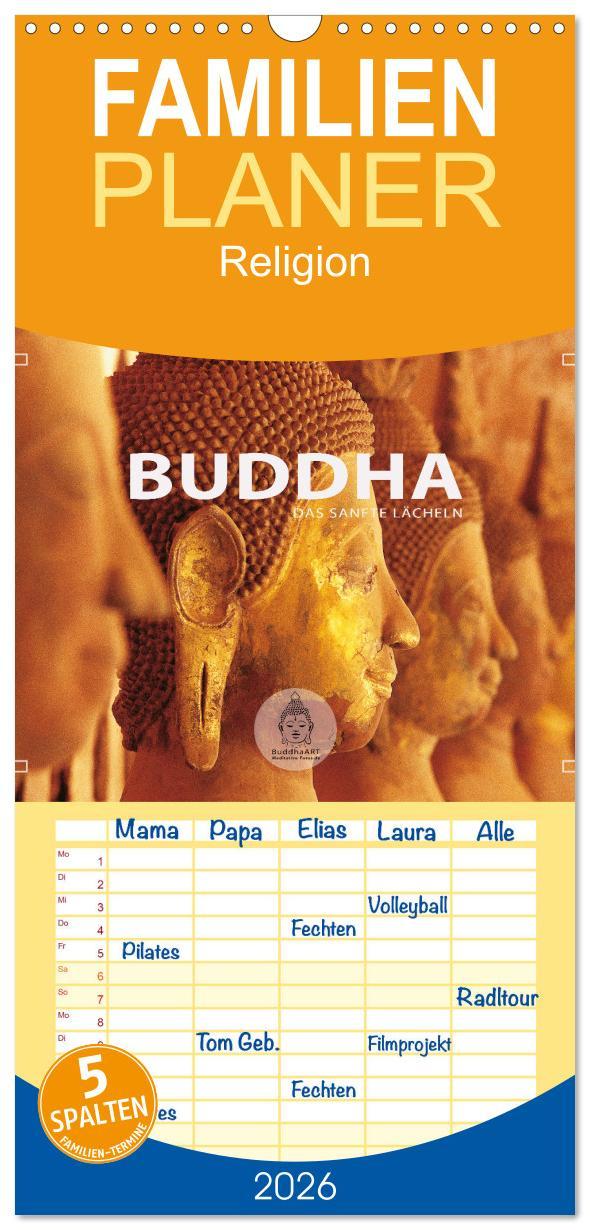 Vorderes Coverbild Familienplaner 2026 - BUDDHA - Ein sanftes Lächeln mit 5 Spalten (Wandkalender, 21 x 45 cm) CALVENDO