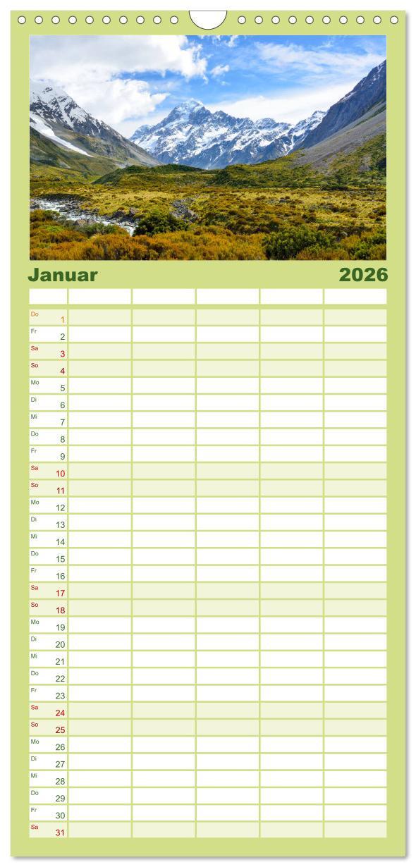 Beispielinhalt (Bild) Familienplaner 2026 - Neuseeland - Die schönsten Orte am anderen Ende der Welt mit 5 Spalten (Wandkalender, 21 x 45 cm) CALVENDO