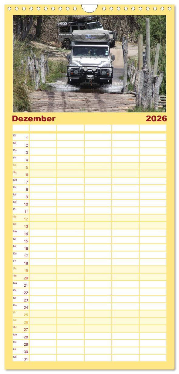 Beispielinhalt (Bild) Familienplaner 2026 - Land Rover Defender - Unterwegs in Afrika mit 5 Spalten (Wandkalender, 21 x 45 cm) CALVENDO