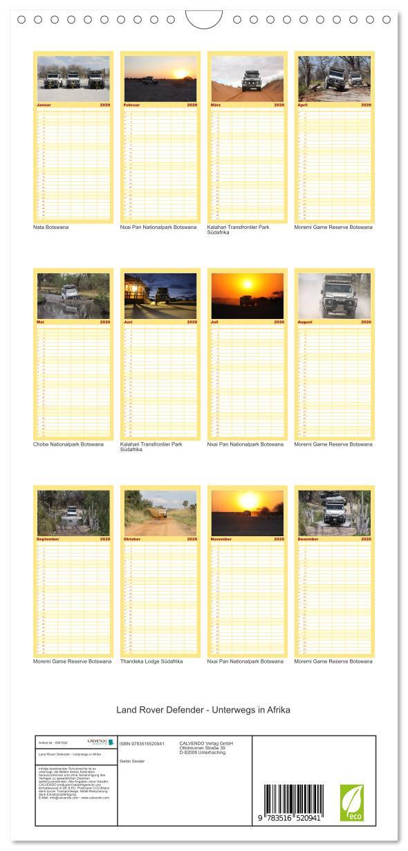 Beispielinhalt (Bild) Familienplaner 2026 - Land Rover Defender - Unterwegs in Afrika mit 5 Spalten (Wandkalender, 21 x 45 cm) CALVENDO