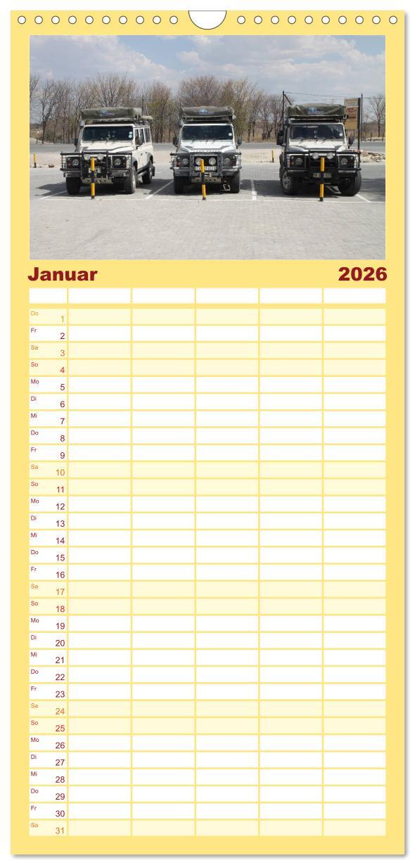 Beispielinhalt (Bild) Familienplaner 2026 - Land Rover Defender - Unterwegs in Afrika mit 5 Spalten (Wandkalender, 21 x 45 cm) CALVENDO