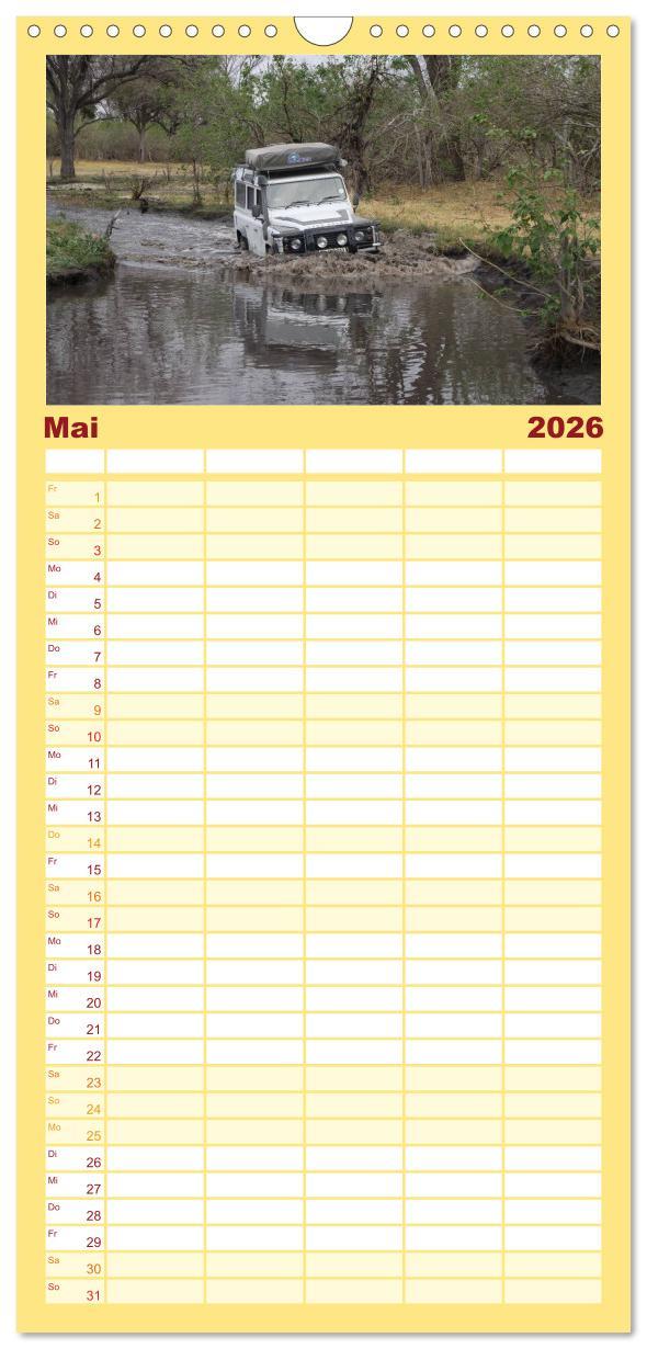 Beispielinhalt (Bild) Familienplaner 2026 - Land Rover Defender - Unterwegs in Afrika mit 5 Spalten (Wandkalender, 21 x 45 cm) CALVENDO