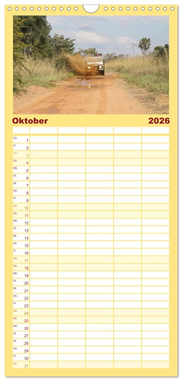Beispielinhalt (Bild) Familienplaner 2026 - Land Rover Defender - Unterwegs in Afrika mit 5 Spalten (Wandkalender, 21 x 45 cm) CALVENDO