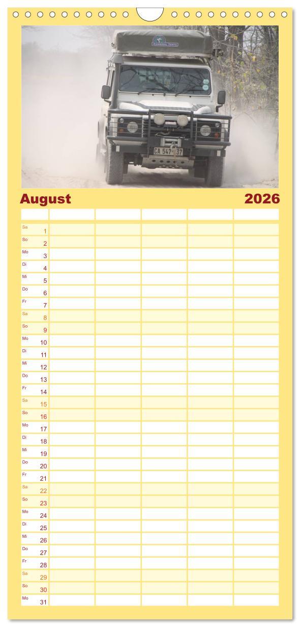 Beispielinhalt (Bild) Familienplaner 2026 - Land Rover Defender - Unterwegs in Afrika mit 5 Spalten (Wandkalender, 21 x 45 cm) CALVENDO
