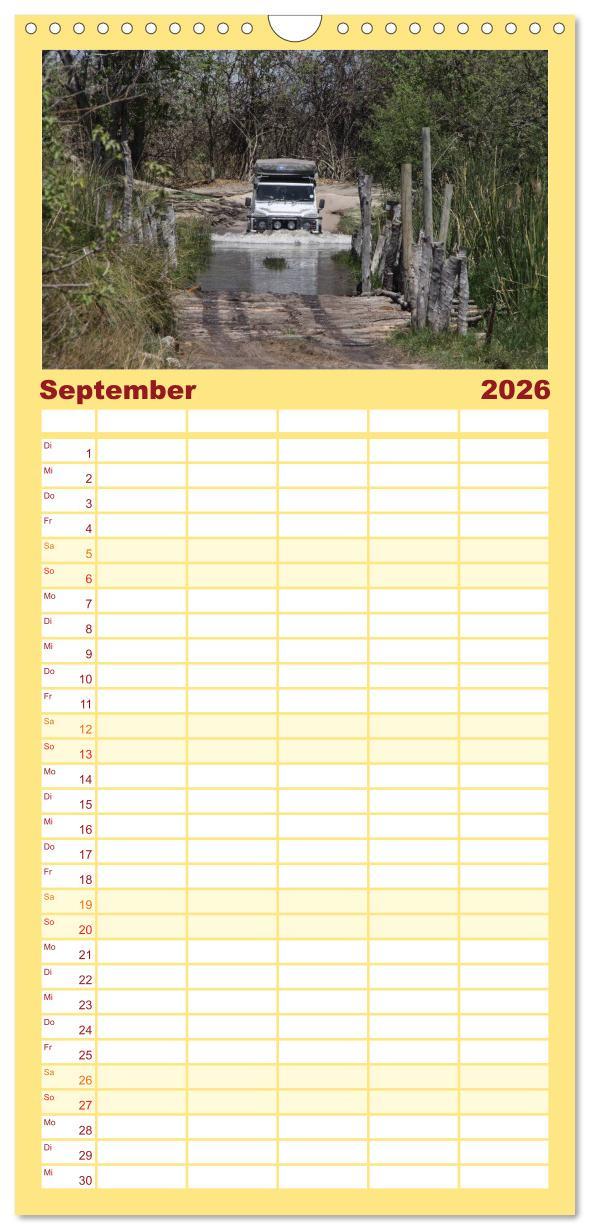 Beispielinhalt (Bild) Familienplaner 2026 - Land Rover Defender - Unterwegs in Afrika mit 5 Spalten (Wandkalender, 21 x 45 cm) CALVENDO