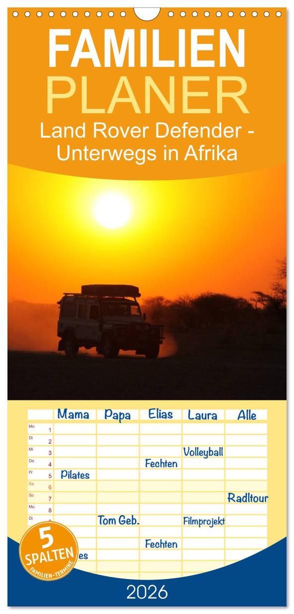 Vorderes Coverbild Familienplaner 2026 - Land Rover Defender - Unterwegs in Afrika mit 5 Spalten (Wandkalender, 21 x 45 cm) CALVENDO