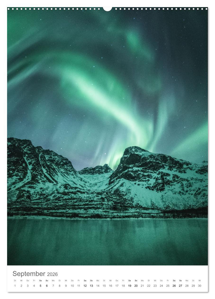 Beispielinhalt (Bild) Nordlichter - Farbenspiel der Nacht (Wandkalender 2026 DIN A2 hoch), CALVENDO Monatskalender