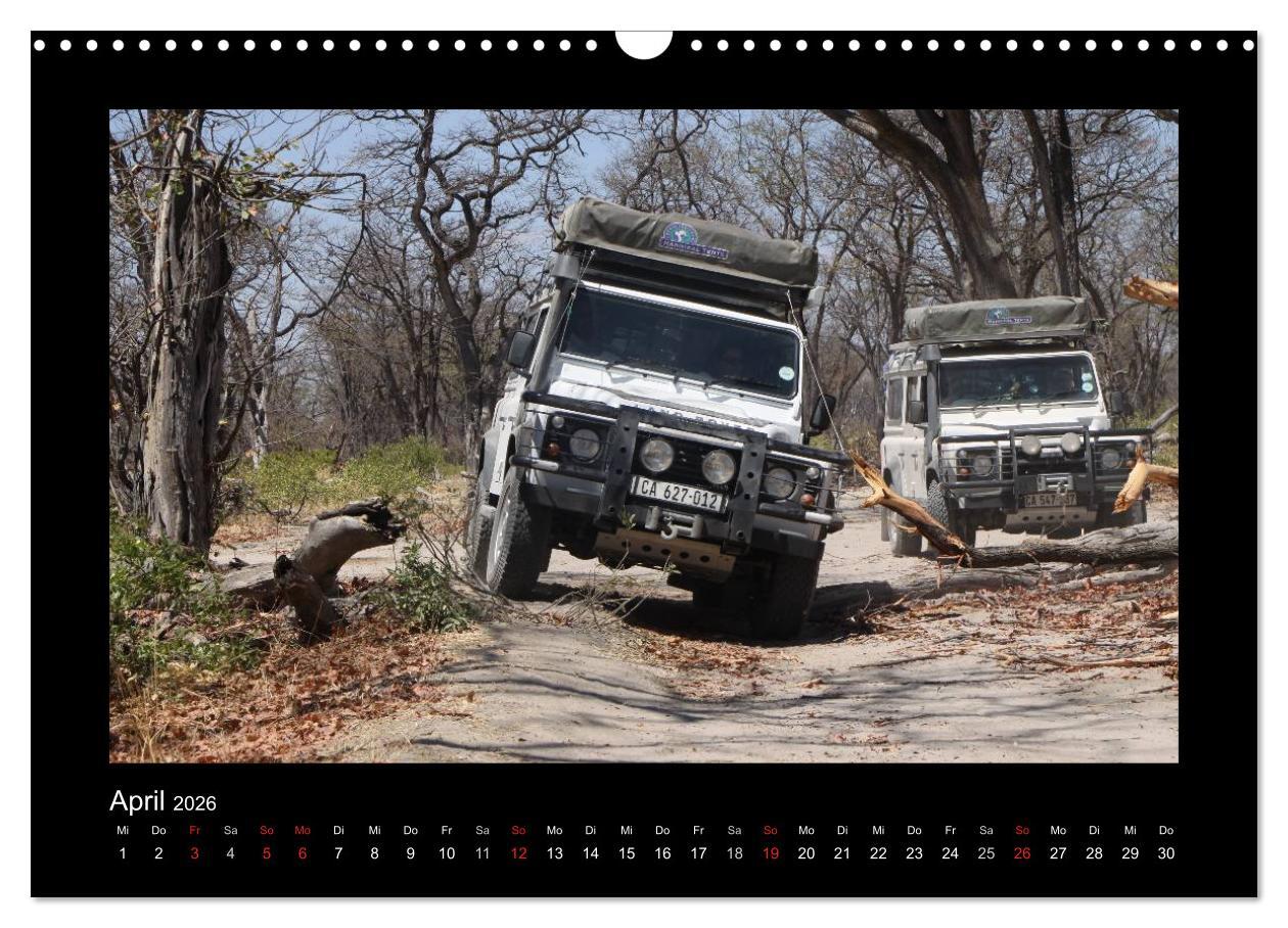 Beispielinhalt (Bild) Land Rover Defender - Unterwegs in Afrika (Wandkalender 2026 DIN A3 quer), CALVENDO Monatskalender