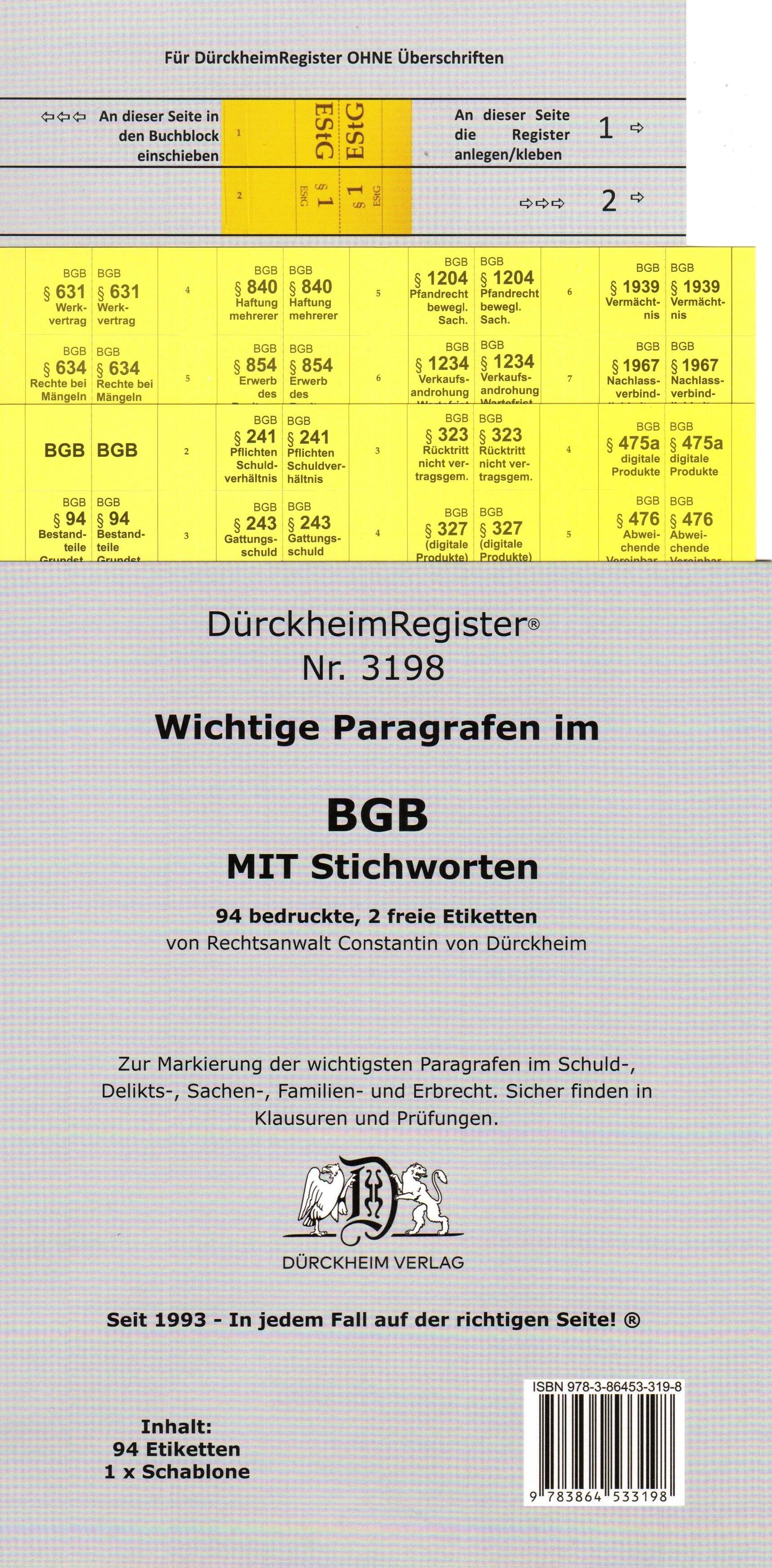 Vorderes Coverbild DürckheimRegister® BGB - WICHTIGE §§ MIT STICHWORTEN Im Bürgerlichen Gesetzbuch
