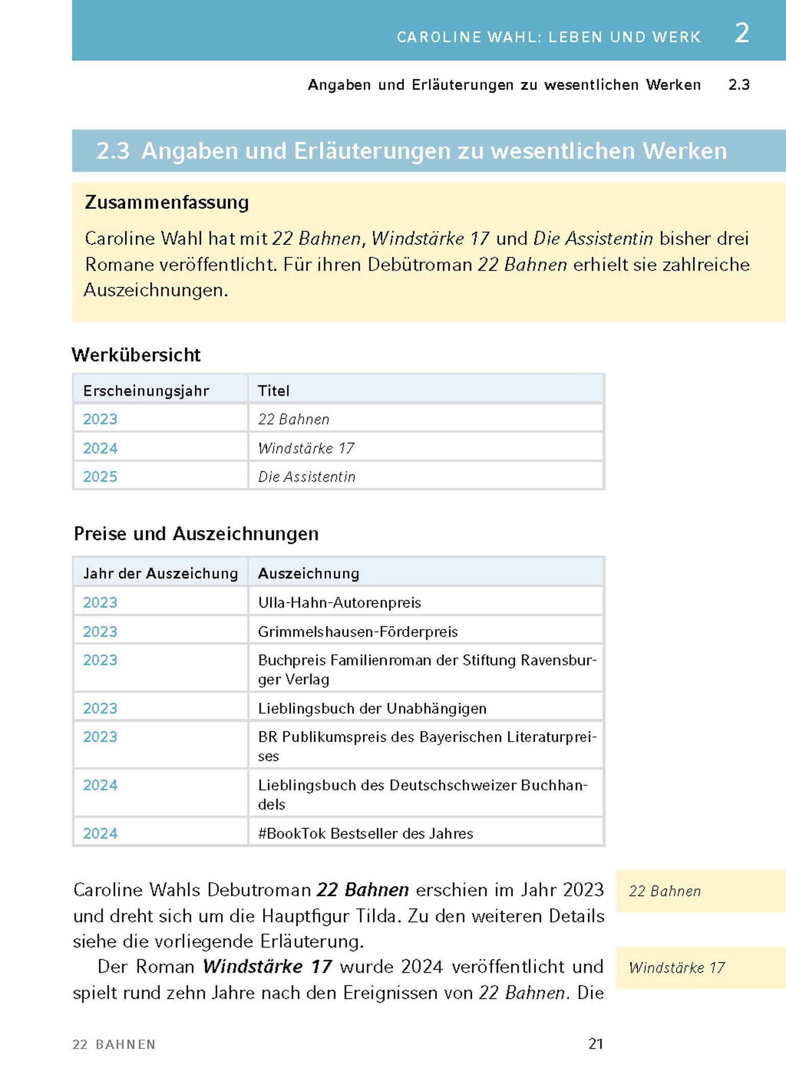 Beispielinhalt (Bild) 22 Bahnen von Caroline Wahl - Textanalyse und Interpretation