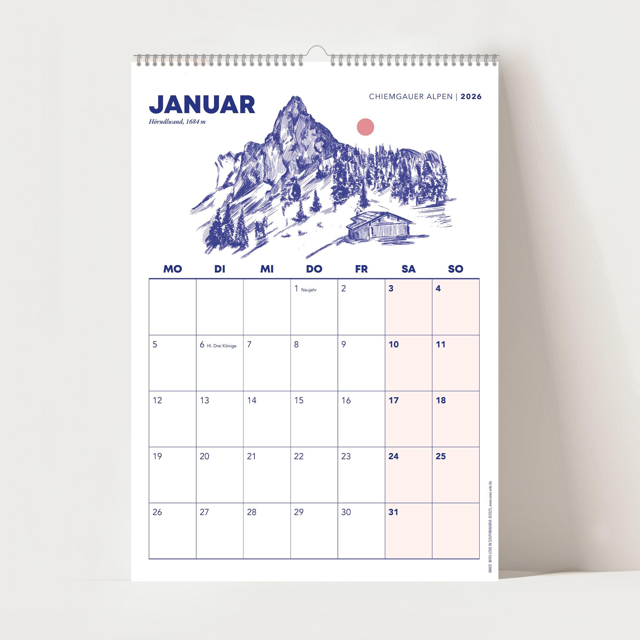 Beispielinhalt (Bild) Chiemgauer Alpen, Wandkalender 2026, Monatskalender, A4