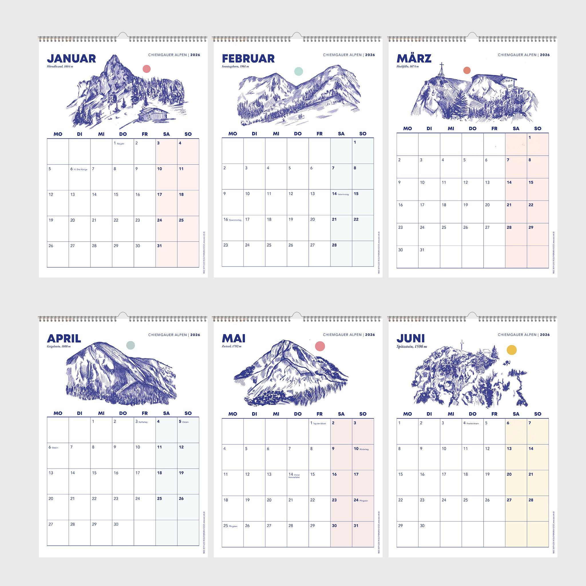 Beispielinhalt (Bild) Chiemgauer Alpen, Wandkalender 2026, Monatskalender, A4