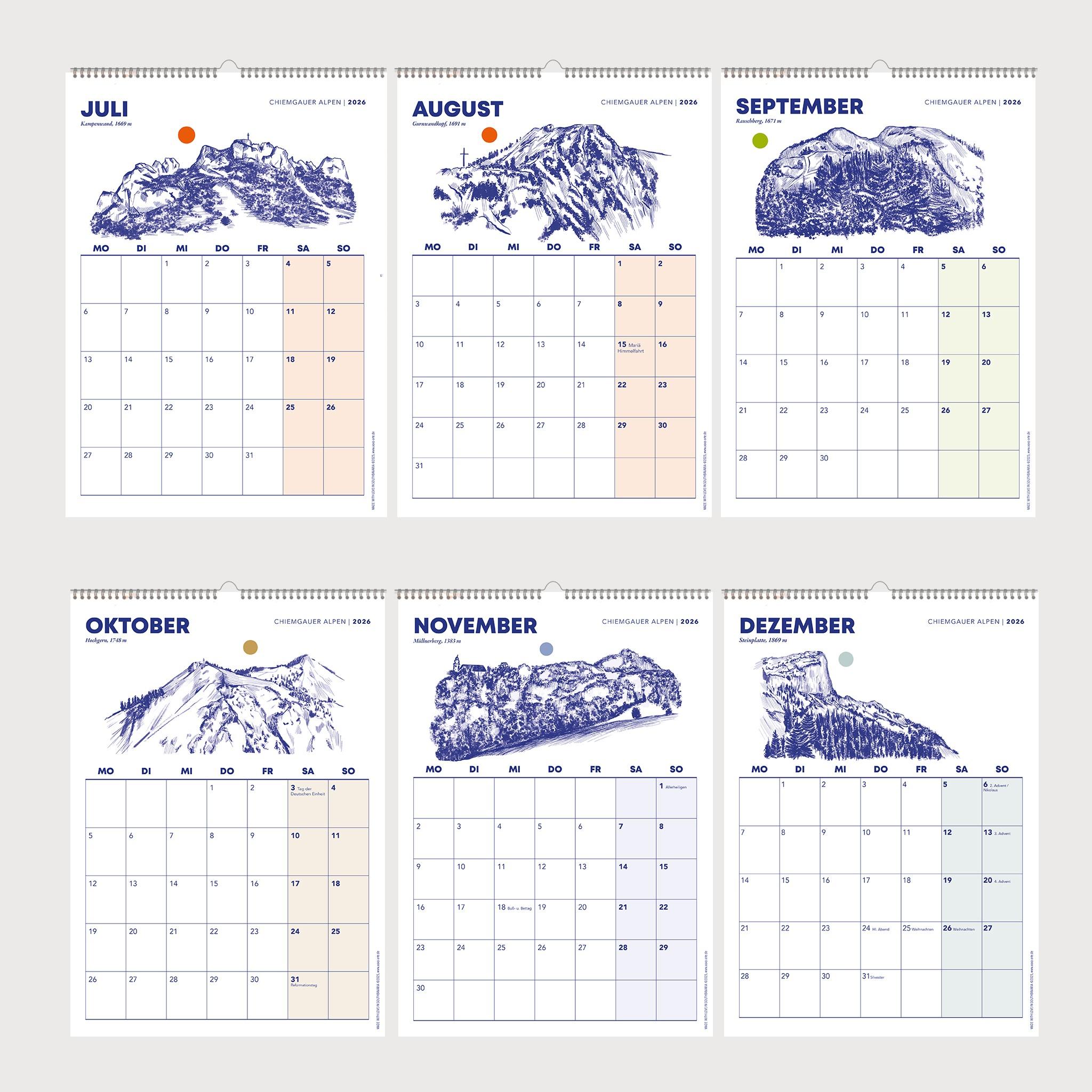 Beispielinhalt (Bild) Chiemgauer Alpen, Wandkalender 2026, Monatskalender, A4