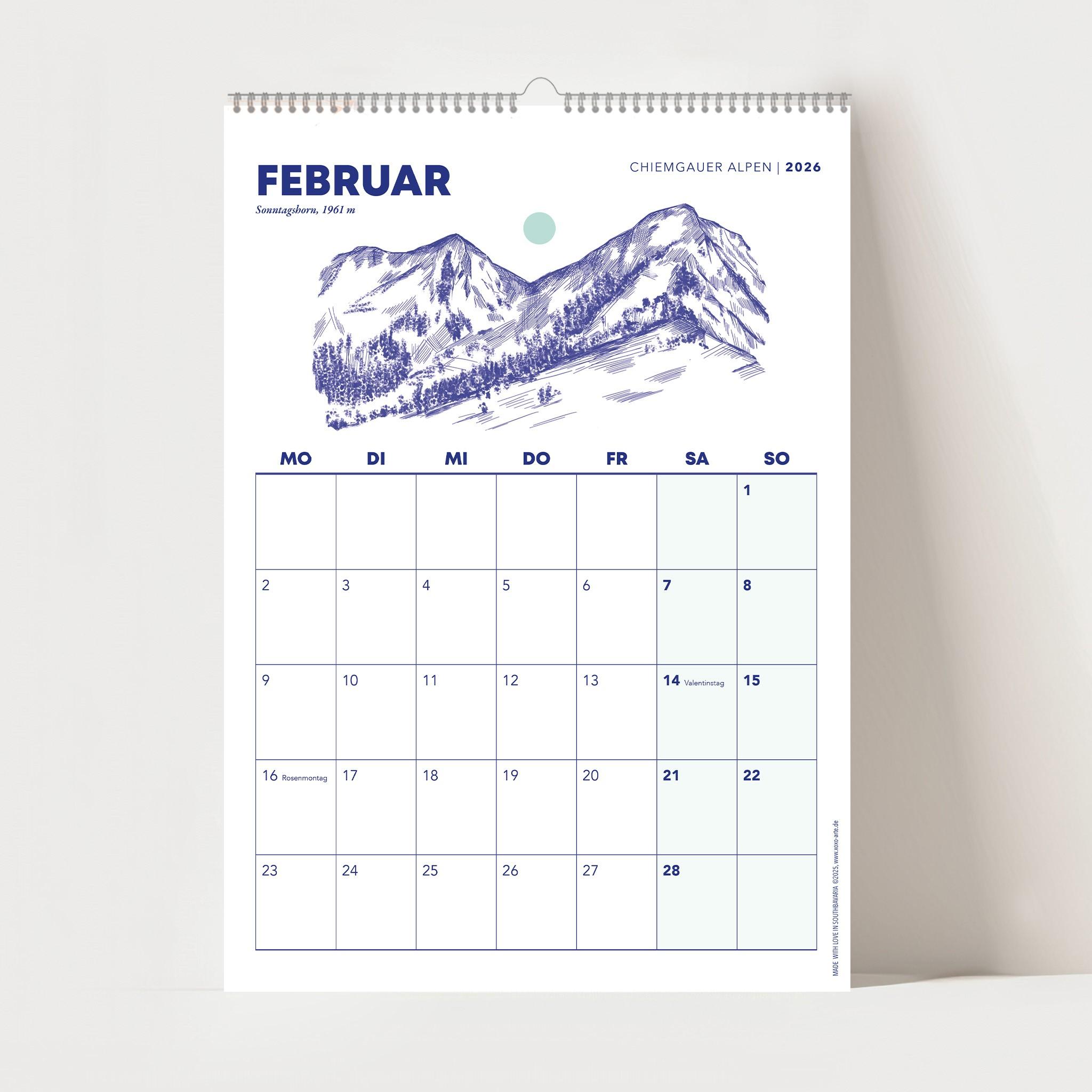 Beispielinhalt (Bild) Chiemgauer Alpen, Wandkalender 2026, Monatskalender, A4