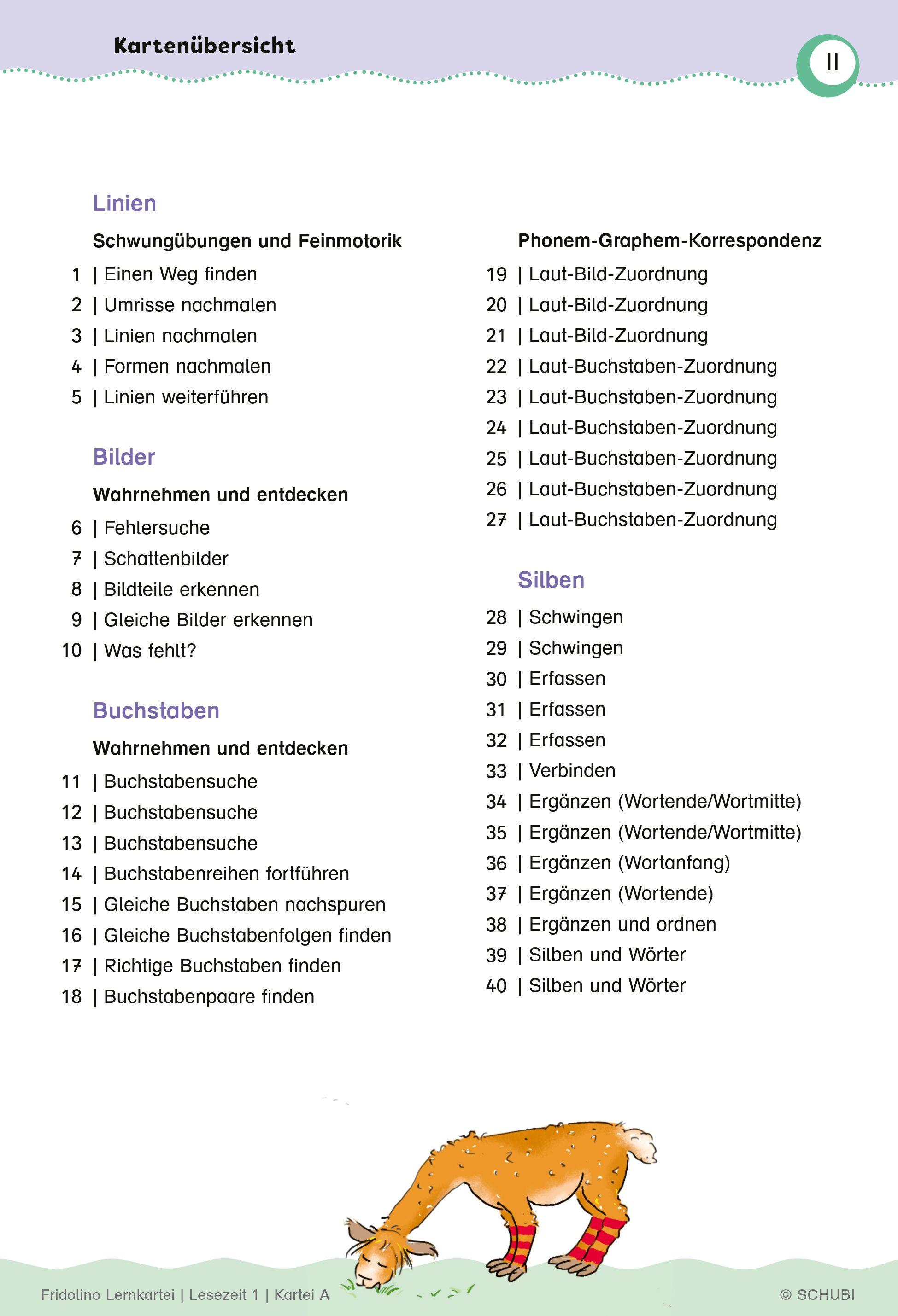 Beispielinhalt (Bild) Fridolino-Lernkartei. Lesezeit 1. Schuljahr (Box A)