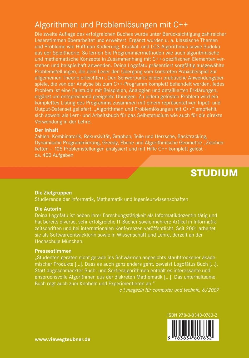 Rückseitencover Algorithmen und Problemlösungen mit C++