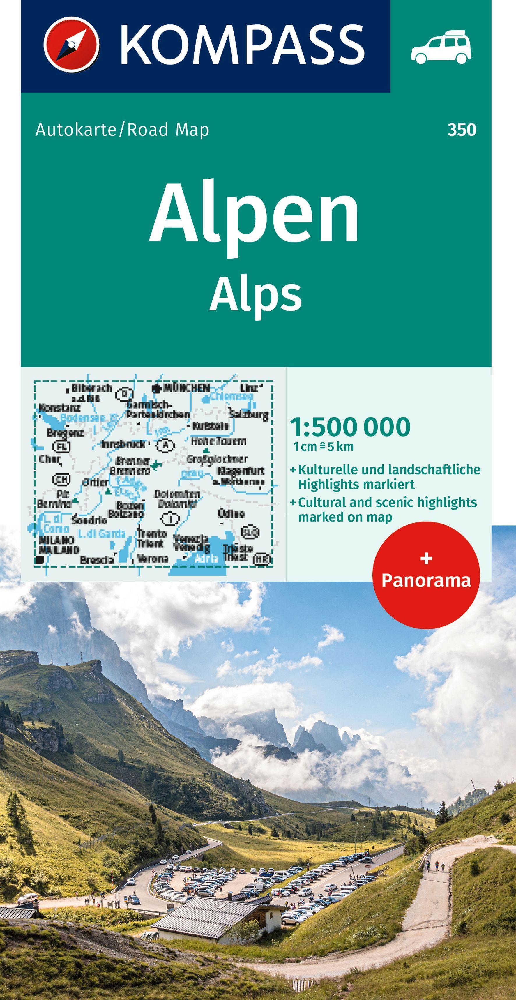 Vorderes Coverbild KOMPASS Autokarte KOMPASS Autokarte und Panoramakarte Alpen 1:500.000