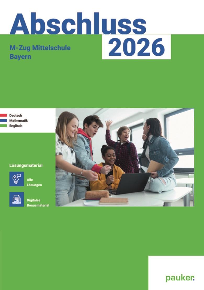 Vorderes Coverbild Abschluss 2026 - M-Zug Mittelschule Bayern - Lösungsband - Deutsch, Mathe und Englisch